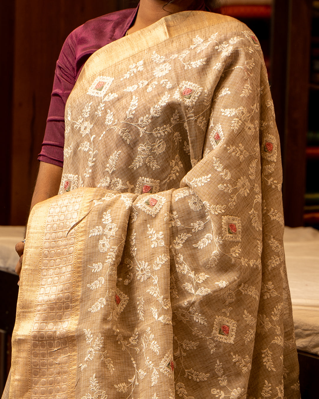 Beige and Gold Embroidered Tussar Sari - Clio Silks