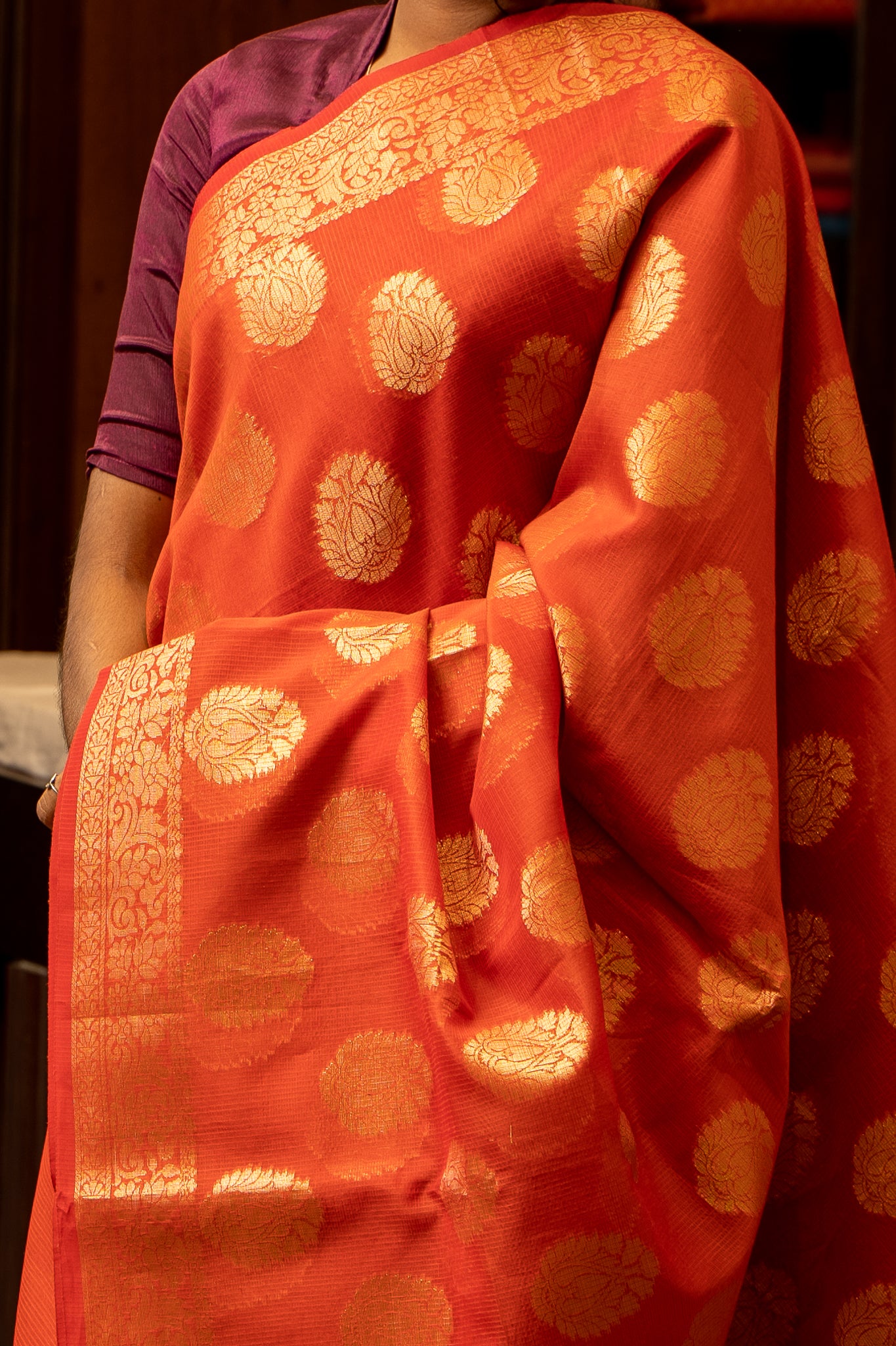 Reddish Orange Banaras Kora Sari - Clio Silks