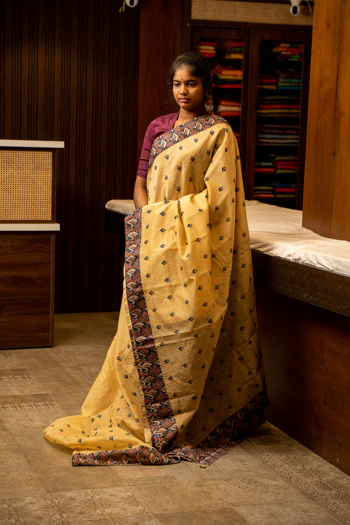 Cream Embroidered Ikat Border Kota Sari - Clio Silks
