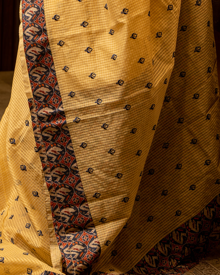 Cream Embroidered Ikat Border Kota Sari - Clio Silks