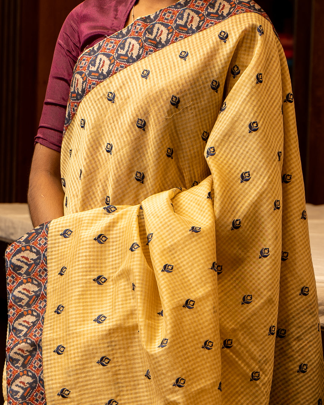 Cream Embroidered Ikat Border Kota Sari - Clio Silks