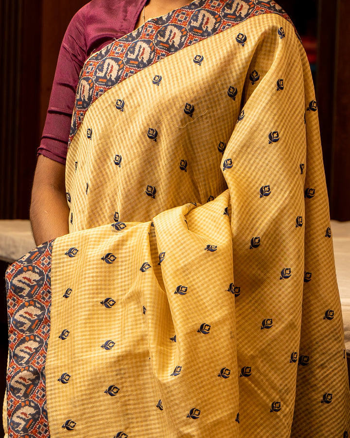 Cream Embroidered Ikat Border Kota Sari - Clio Silks