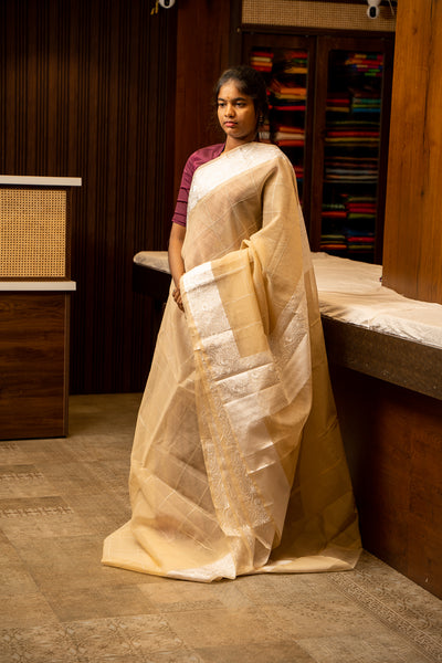 Golden Yellow and Ivory Embroidered Organza Sari - Clio Silks