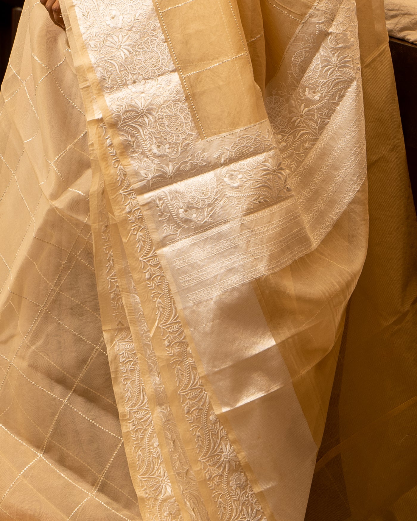 Golden Yellow and Ivory Embroidered Organza Sari - Clio Silks