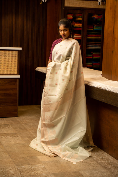 Mint Green Embroidered Banaras Cotton Silk Sari - Clio Silks