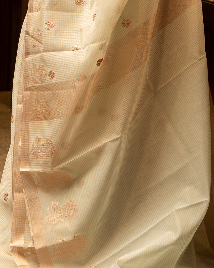 Mint Green Embroidered Banaras Cotton Silk Sari - Clio Silks