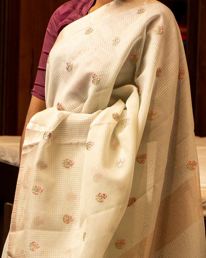 Mint Green Embroidered Banaras Cotton Silk Sari - Clio Silks