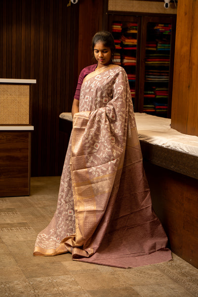 Lilac and Ivory Embroidered Banaras Tussar Sari - Clio Silks