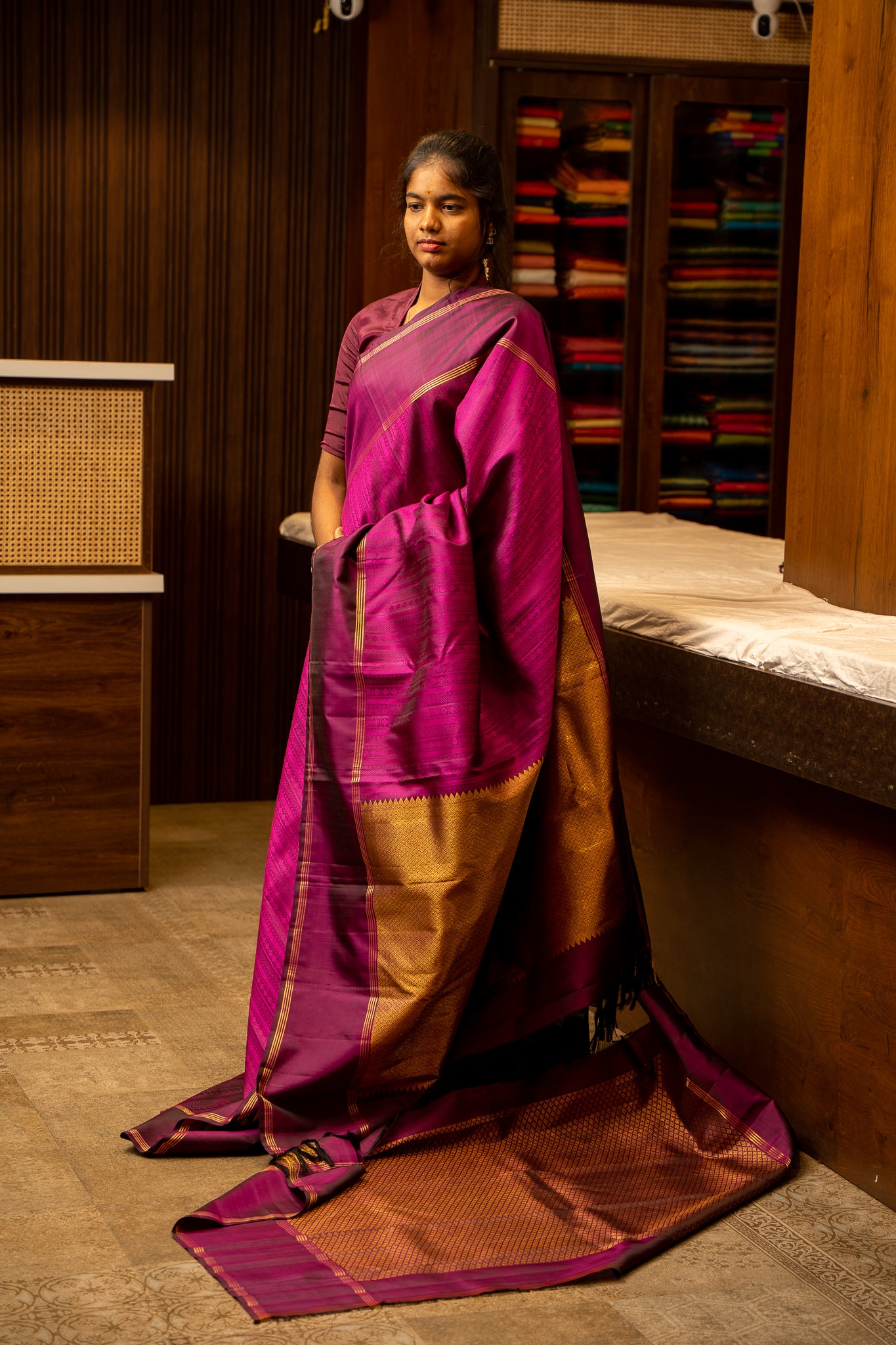 Mulberry Purple Jacquard Stripes Pure Kanjivaram Silk Sari - Clio Silks