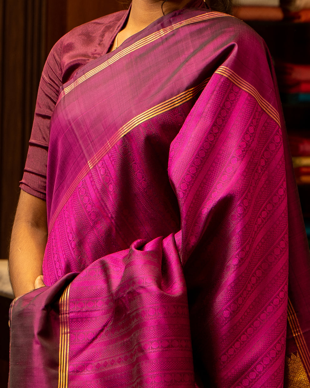 Mulberry Purple Jacquard Stripes Pure Kanjivaram Silk Sari - Clio Silks