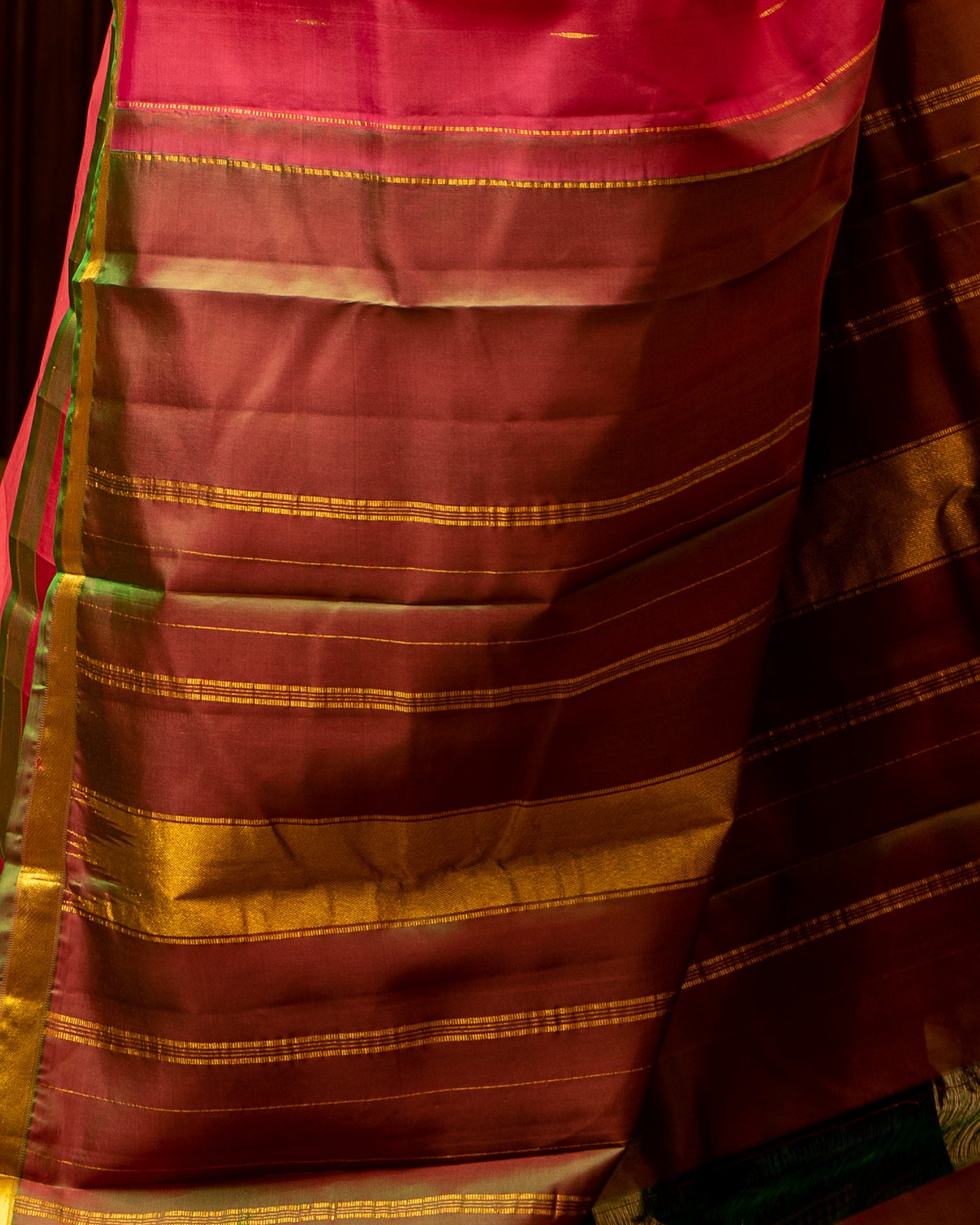 Raspberry Pink and Madhulir Green Malli Moggu Pure Kanjivaram Silk Sari - Clio Silks