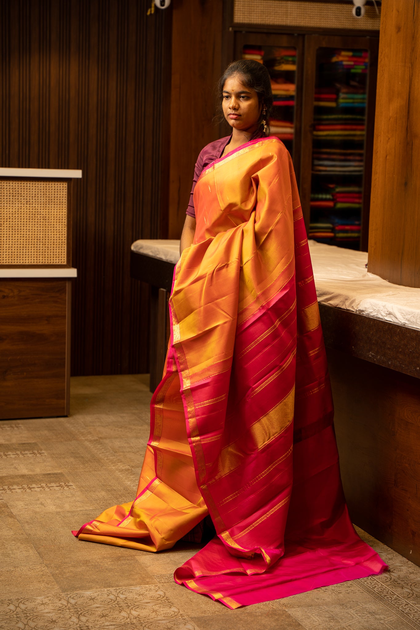 Rust Orange and Magenta Malli Moggu Pure Kanjivaram Silk Sari - Clio Silks