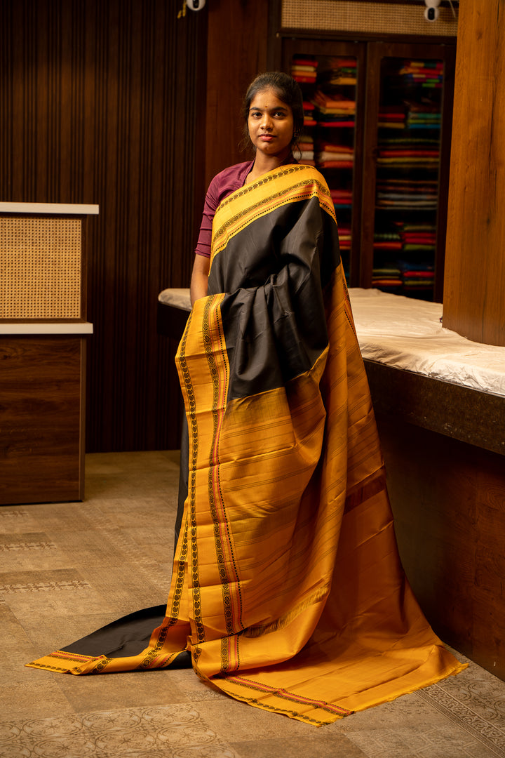 Black and Mustard Korvai Pattu Pettu Kanjivaram Silk Sari - Clio Silks