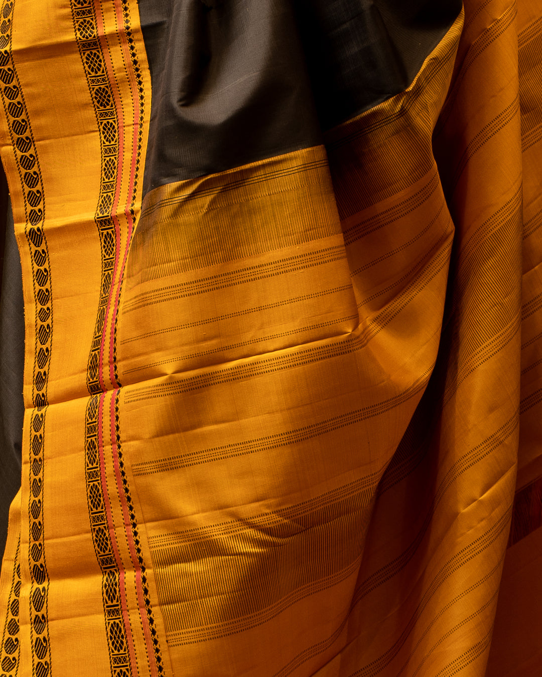 Black and Mustard Korvai Pattu Pettu Kanjivaram Silk Sari - Clio Silks