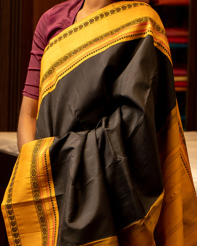 Black and Mustard Korvai Pattu Pettu Kanjivaram Silk Sari - Clio Silks