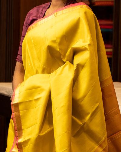 Lime Yellow and Pink Malli Moggu Pure Kanjivaram Silk Sari - Clio Silks