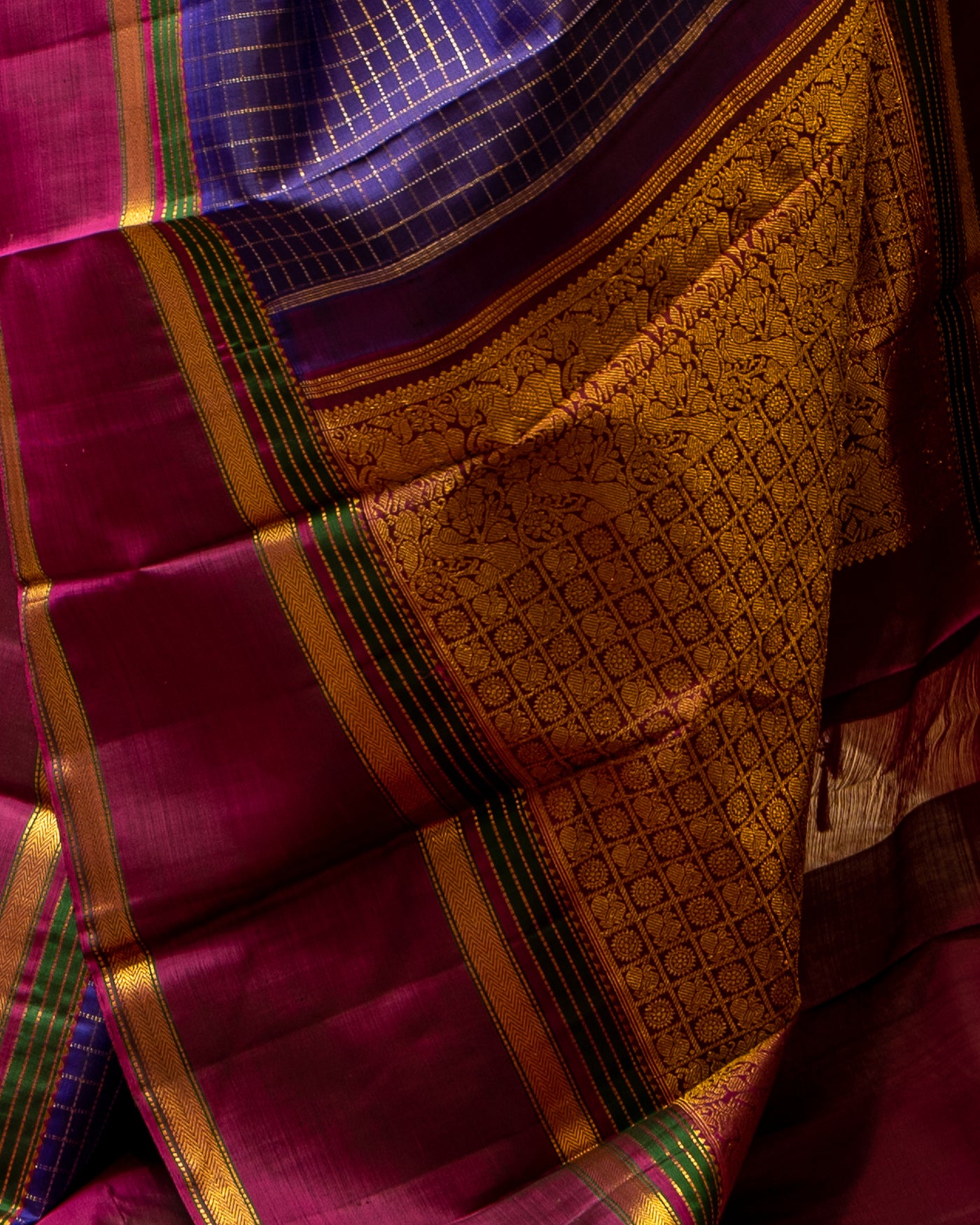 Royal Blue and Magenta Zari Checks Pure Kanjivaram Silk Sari - Clio Silks