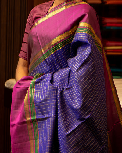 Royal Blue and Magenta Zari Checks Pure Kanjivaram Silk Sari - Clio Silks