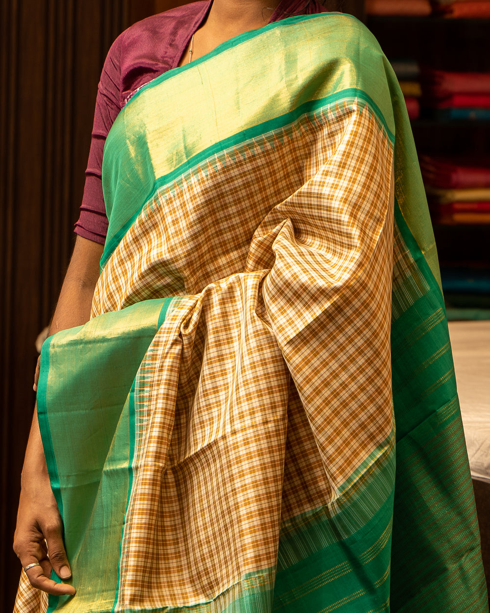 Beige and Teal Green Korvai Checks Pure Kanjivaram Silk Sari - Clio Silks