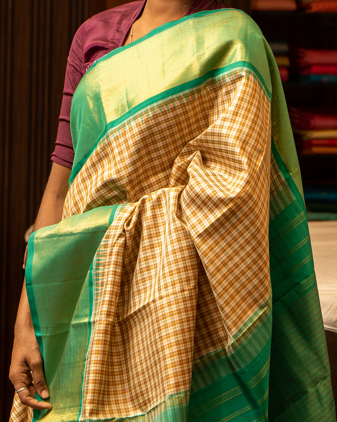 Beige and Teal Green Korvai Checks Pure Kanjivaram Silk Sari - Clio Silks