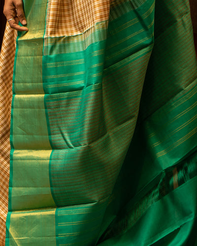 Beige and Teal Green Korvai Checks Pure Kanjivaram Silk Sari - Clio Silks
