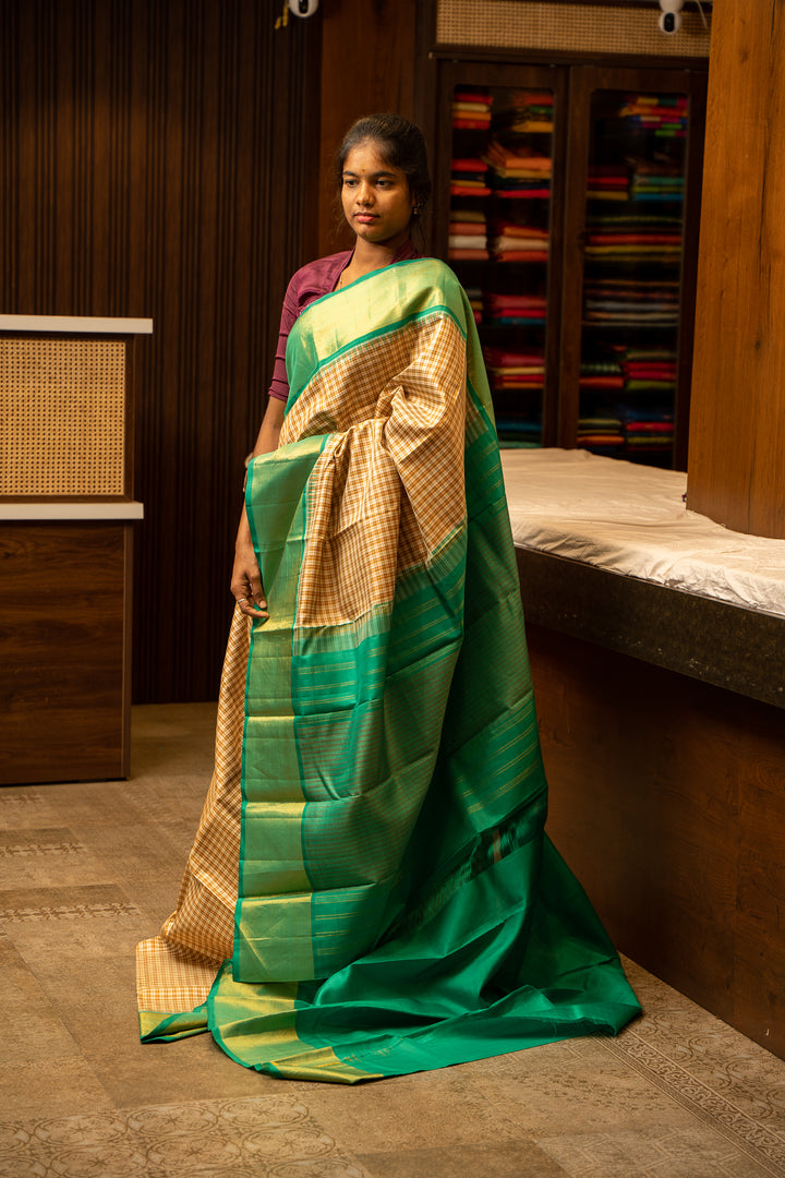 Beige and Teal Green Korvai Checks Pure Kanjivaram Silk Sari - Clio Silks