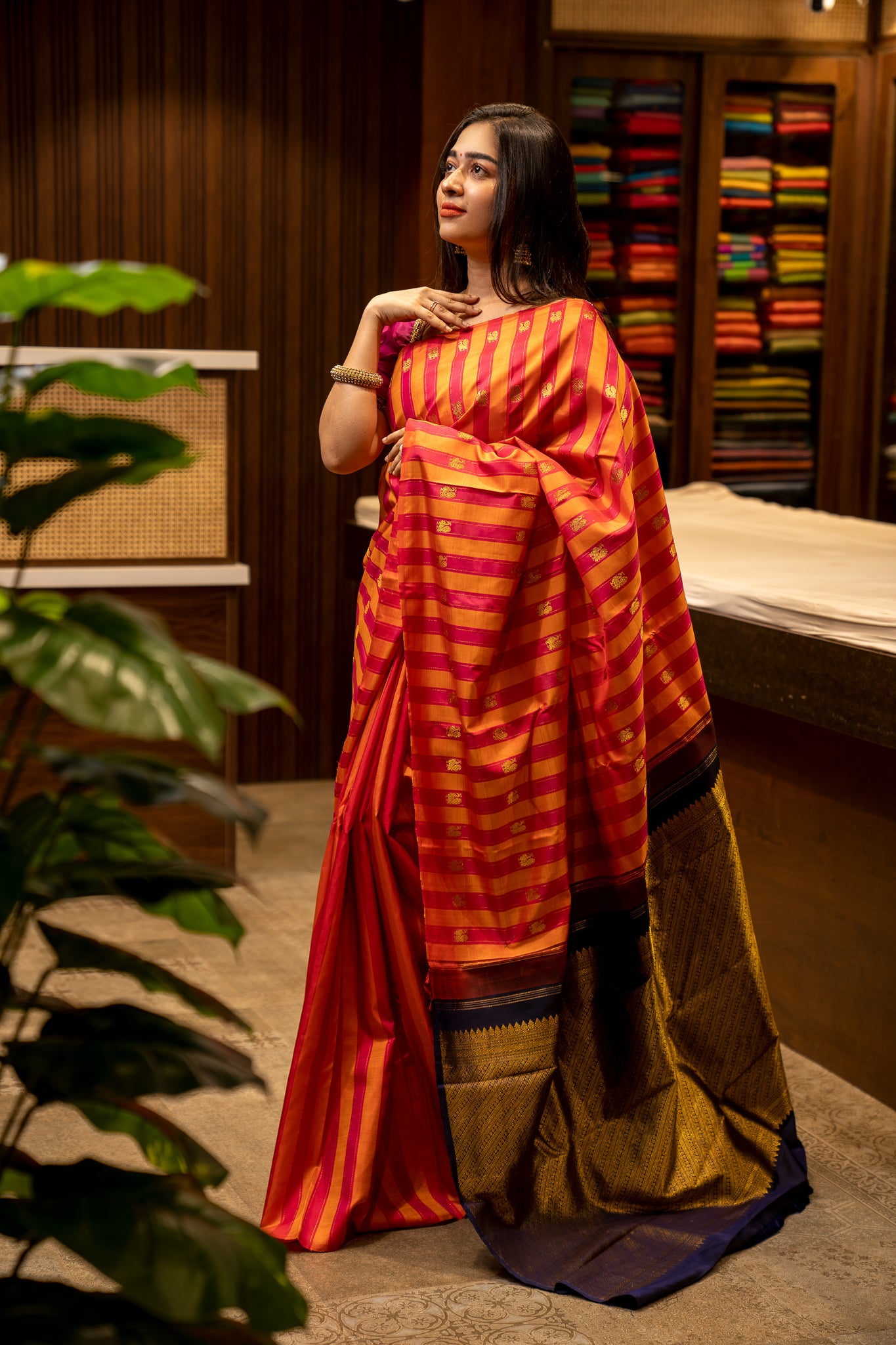 Orange and Pink Stripes Borderless Pure Kanjivaram Silk Sari - Clio Silks