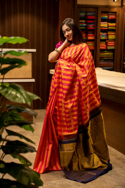 Orange and Pink Stripes Borderless Pure Kanjivaram Silk Sari - Clio Silks