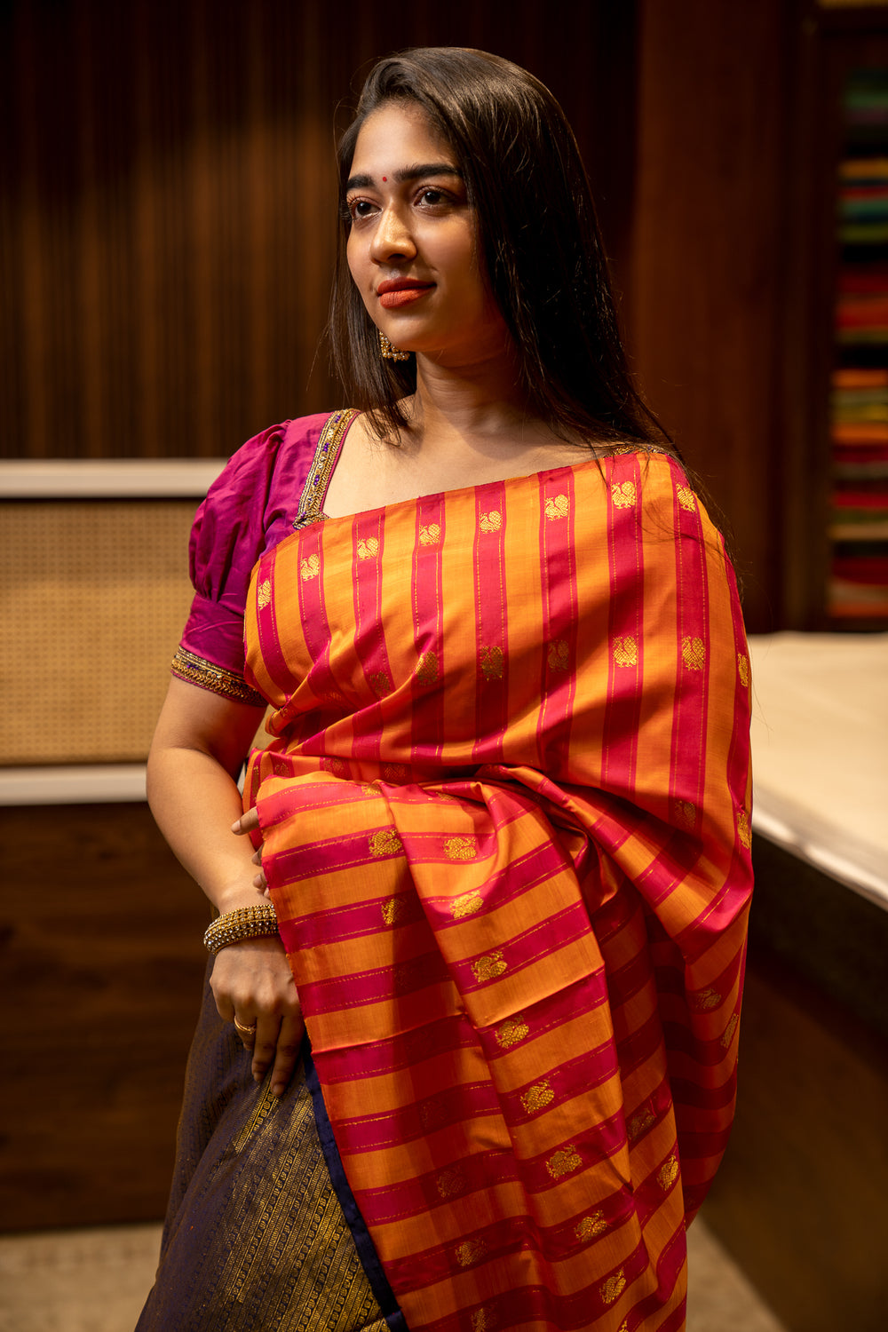 Orange and Pink Stripes Borderless Pure Kanjivaram Silk Sari - Clio Silks