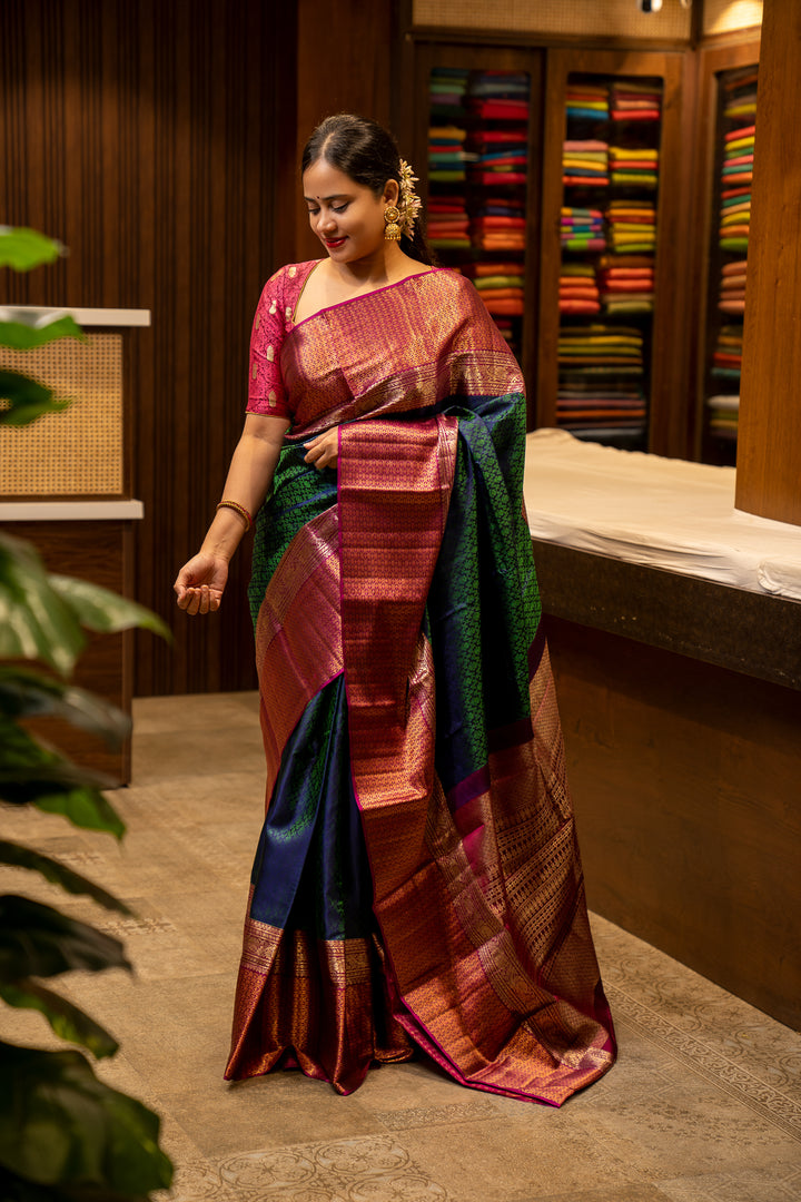 Peacock Blue and Magenta Floral Jacquard Pure Kanjivaram Silk Sari - Clio Silks