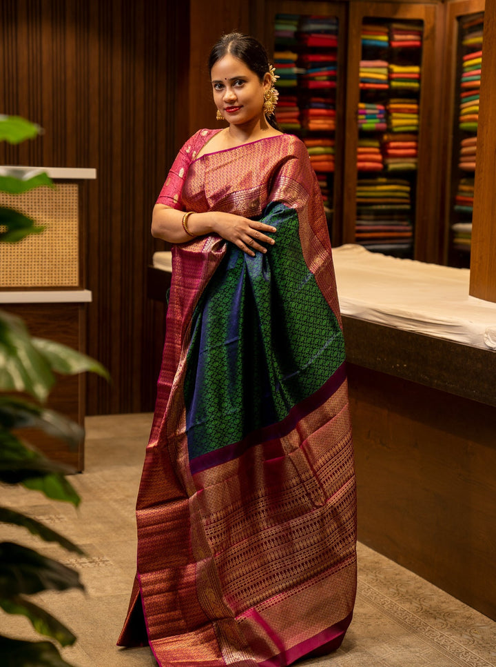 Peacock Blue and Magenta Floral Jacquard Pure Kanjivaram Silk Sari - Clio Silks