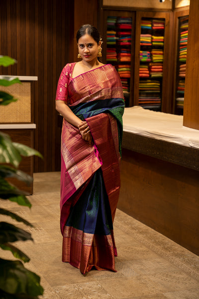 Peacock Blue and Magenta Floral Jacquard Pure Kanjivaram Silk Sari - Clio Silks