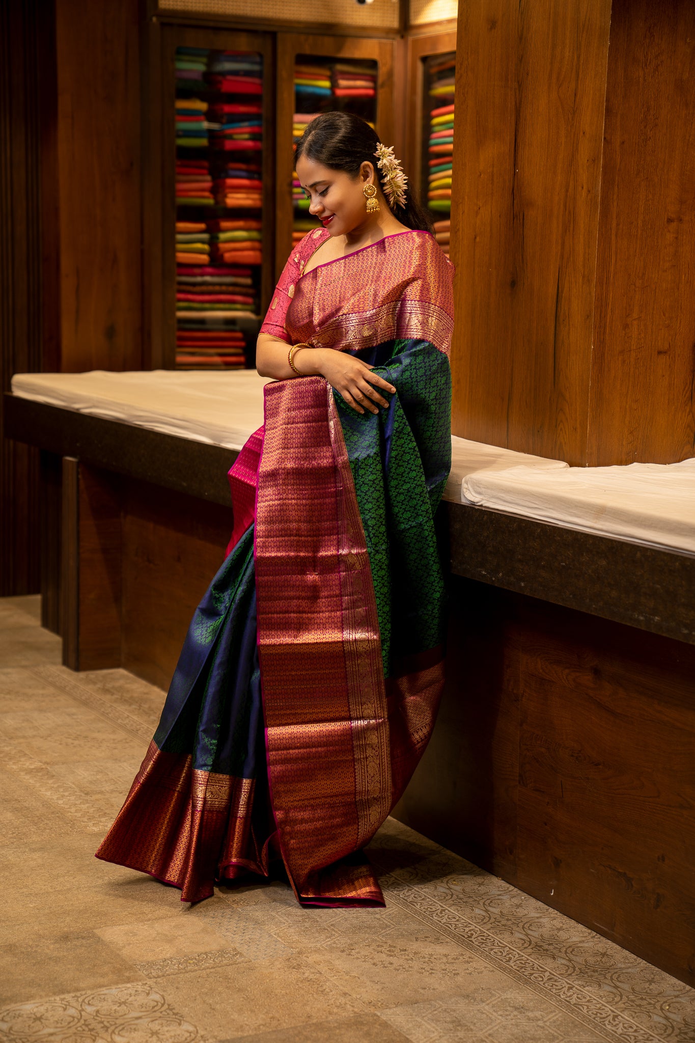 Peacock Blue and Magenta Floral Jacquard Pure Kanjivaram Silk Sari - Clio Silks