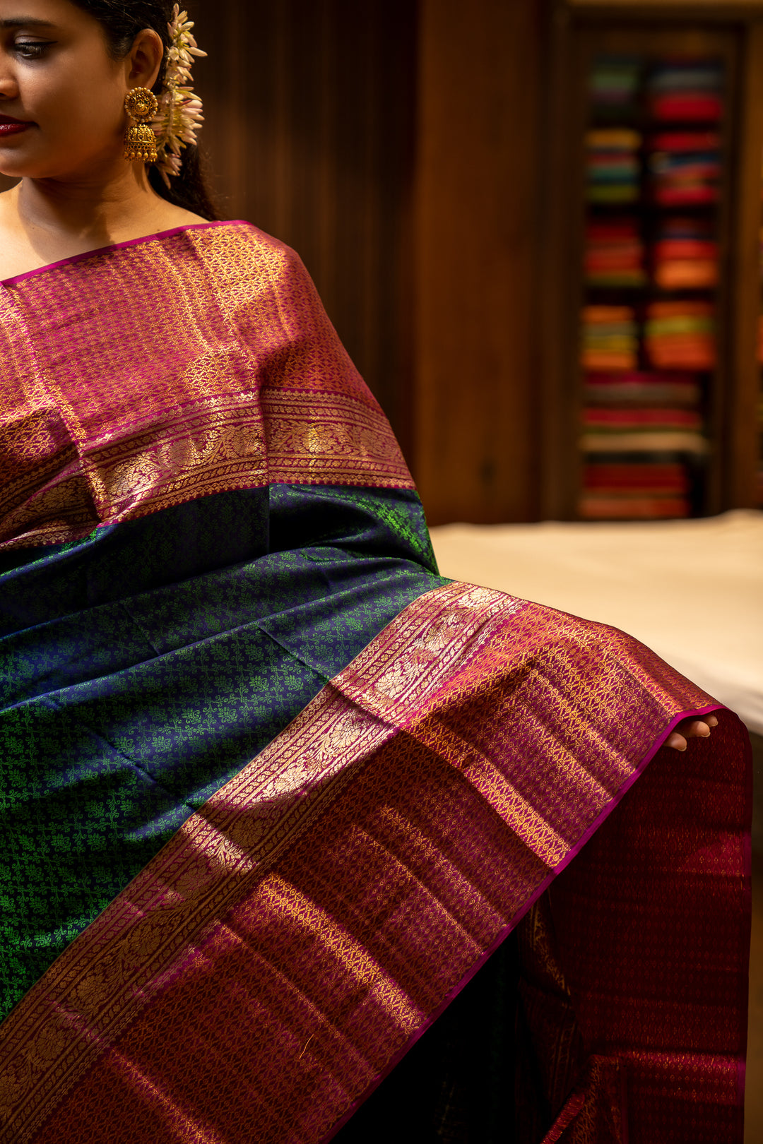 Peacock Blue and Magenta Floral Jacquard Pure Kanjivaram Silk Sari - Clio Silks