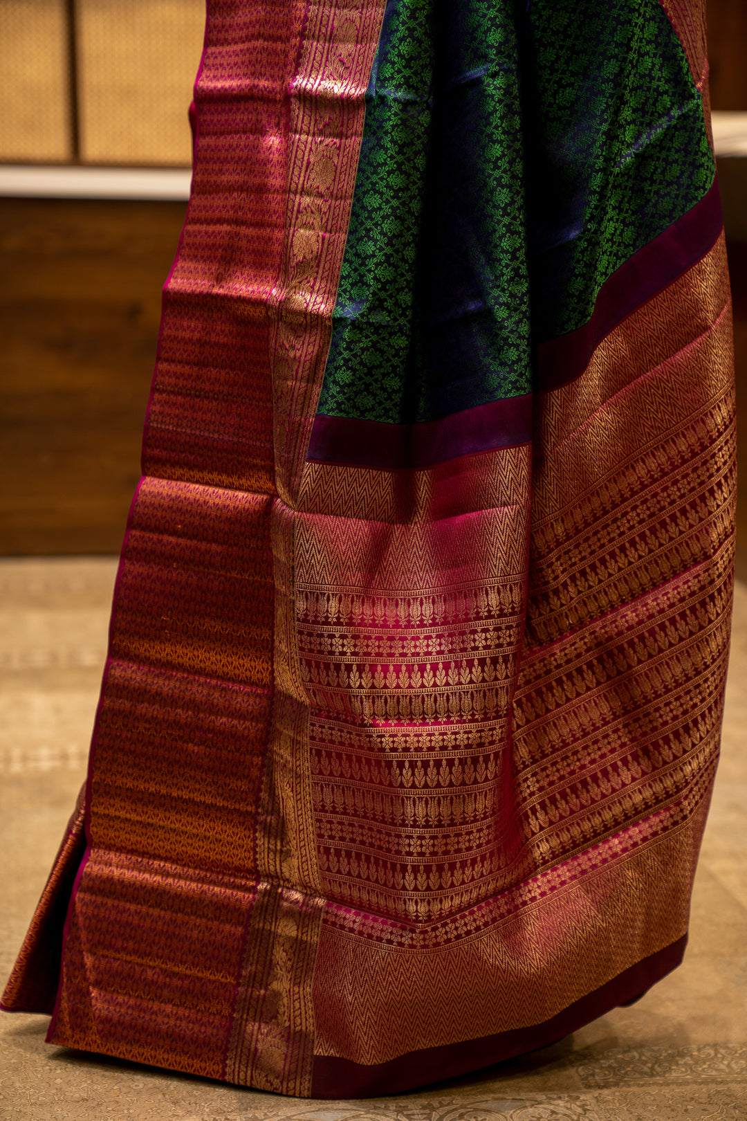 Peacock Blue and Magenta Floral Jacquard Pure Kanjivaram Silk Sari - Clio Silks