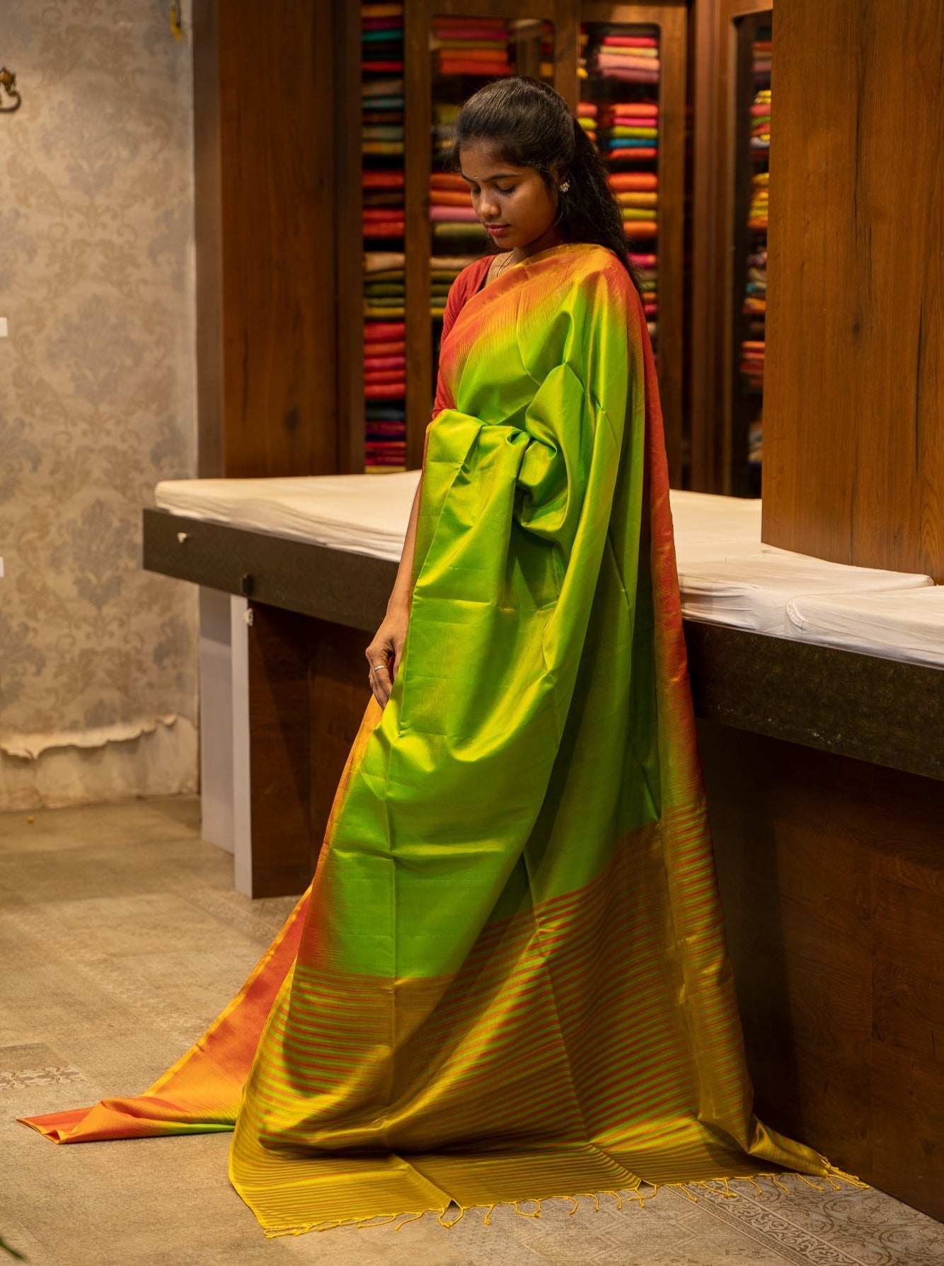 Parrot Green and Rust Orange Tie and Dye Pure Soft Silk Sari - Clio Silks