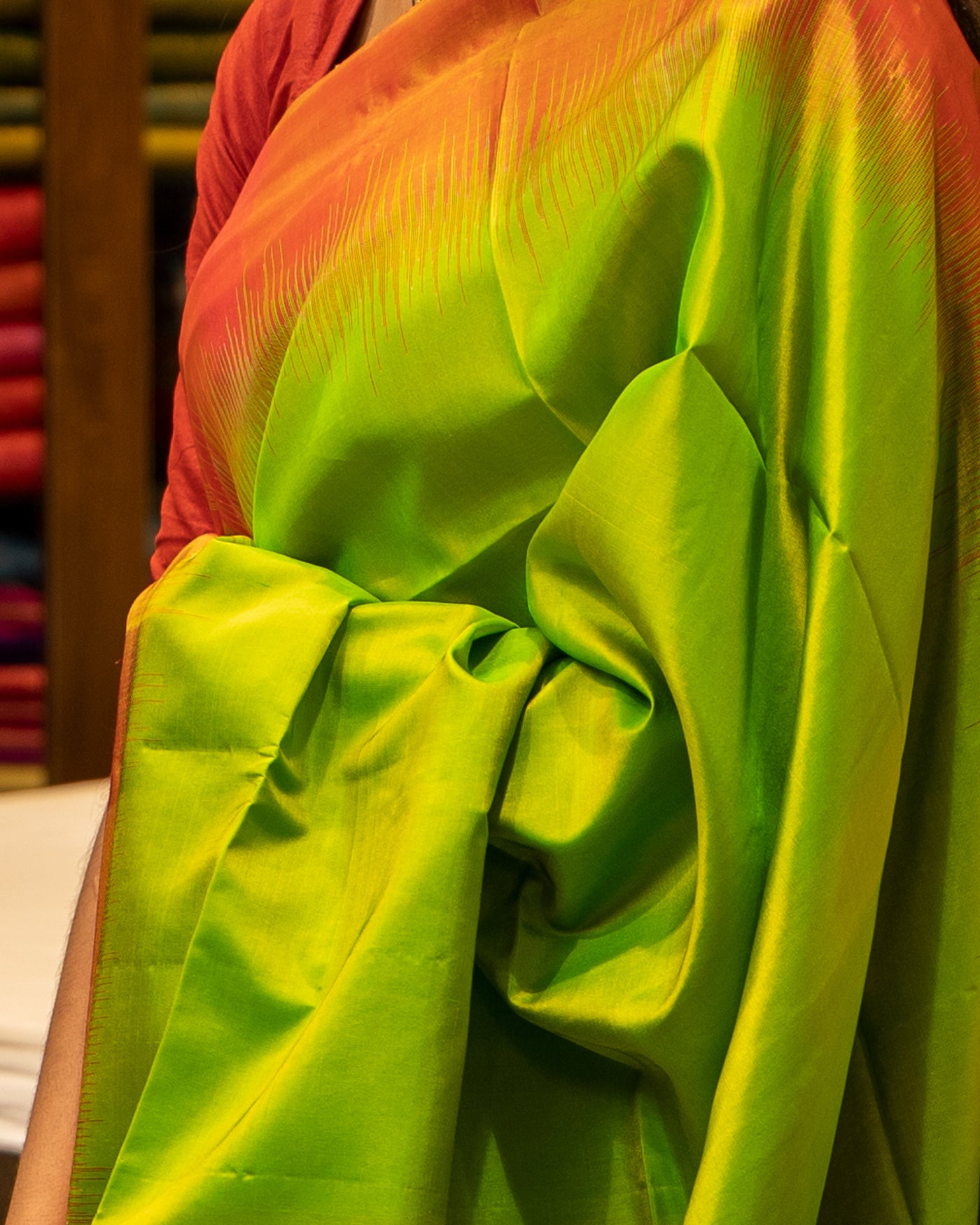 Parrot Green and Rust Orange Tie and Dye Pure Soft Silk Sari - Clio Silks