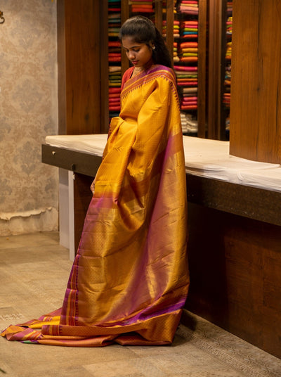 Mustard and Purple Embossed Pure Kanjivaram Silk Sari - Clio Silks