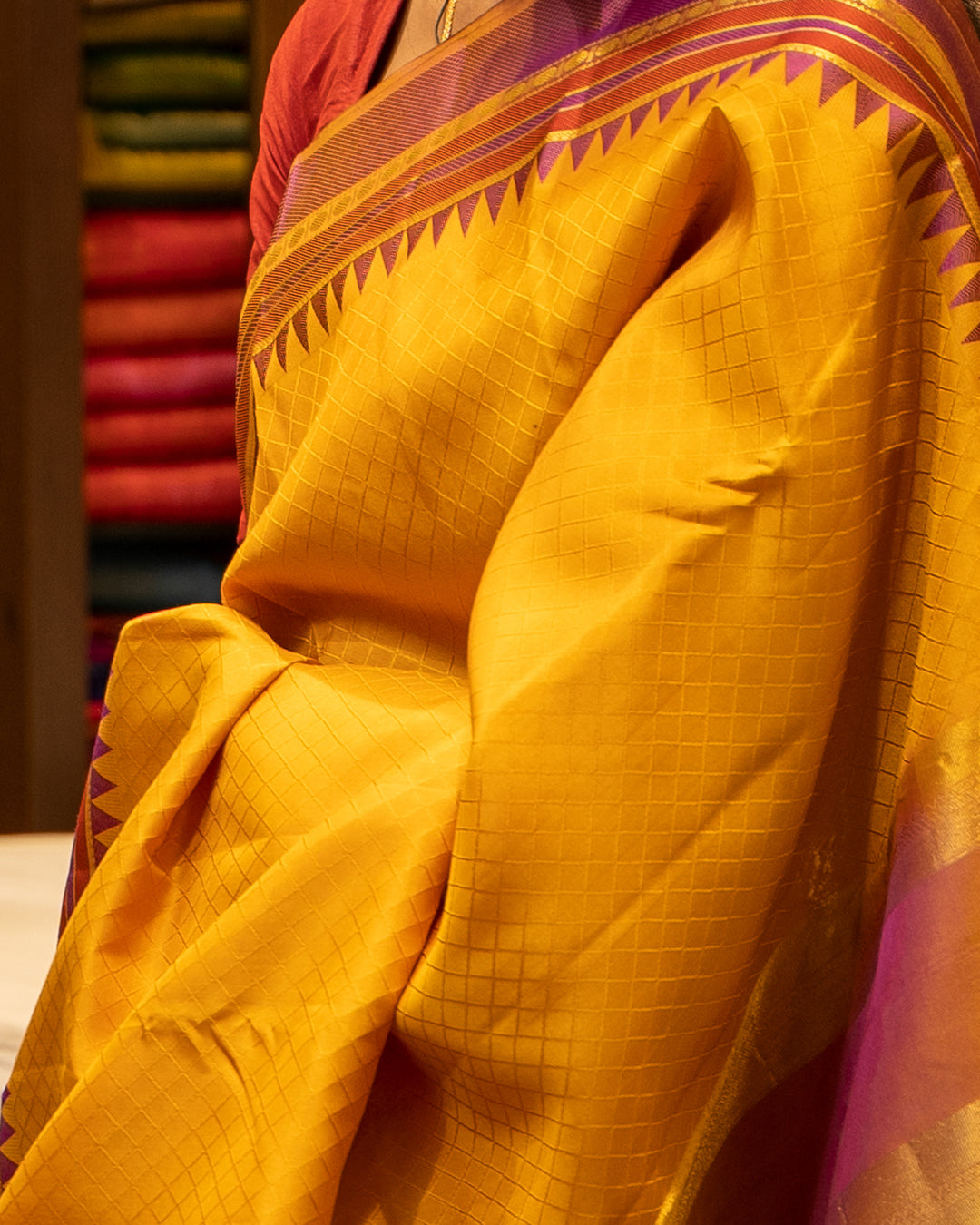 Mustard and Purple Embossed Pure Kanjivaram Silk Sari - Clio Silks