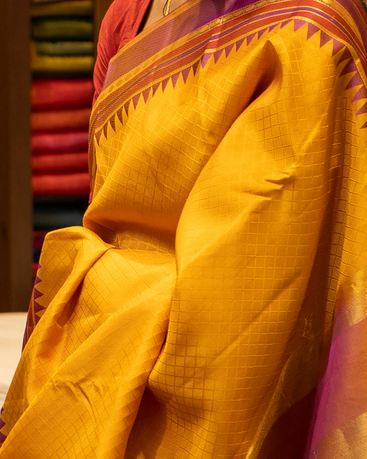 Mustard and Purple Embossed Pure Kanjivaram Silk Sari - Clio Silks