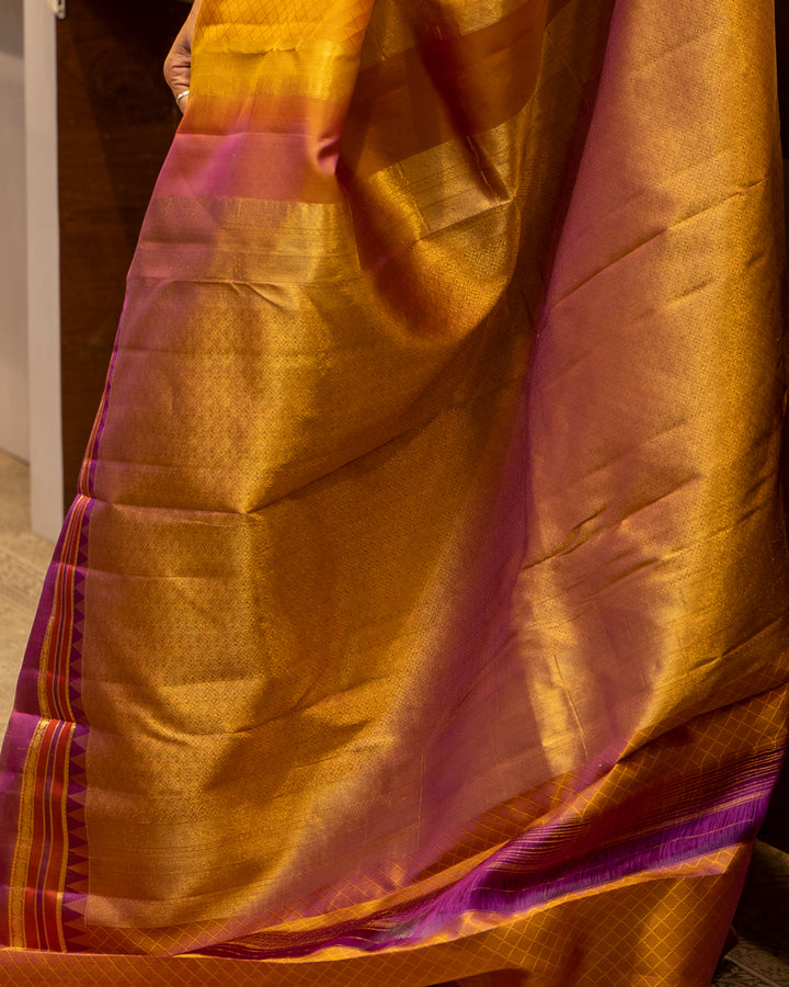 Mustard and Purple Embossed Pure Kanjivaram Silk Sari - Clio Silks