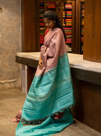 Beige and Pink Zari Stripes Without Border Pure Kanjivaram Silk Sari - Clio Silks
