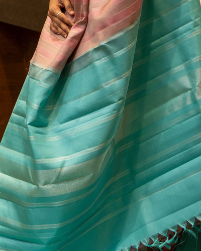 Beige and Pink Zari Stripes Without Border Pure Kanjivaram Silk Sari - Clio Silks