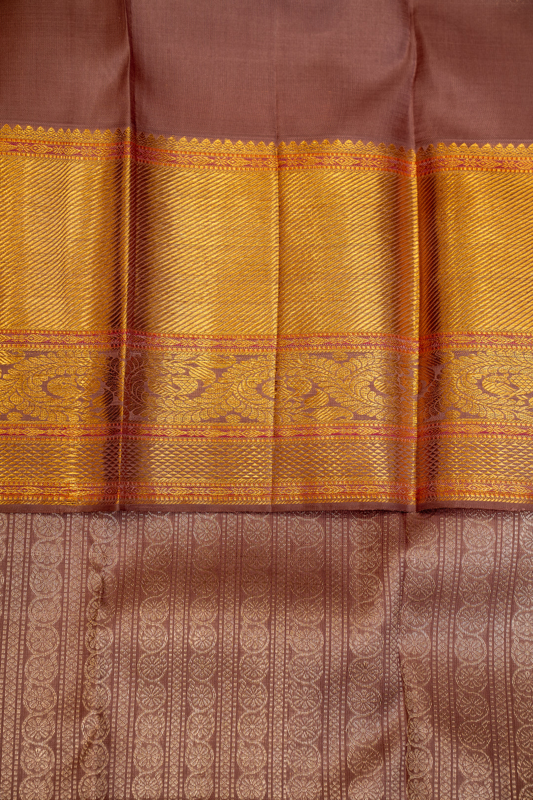 Mauve Pastel Brocade Zari Panel Pure Kanjivaram Silk Sari - Clio Silks