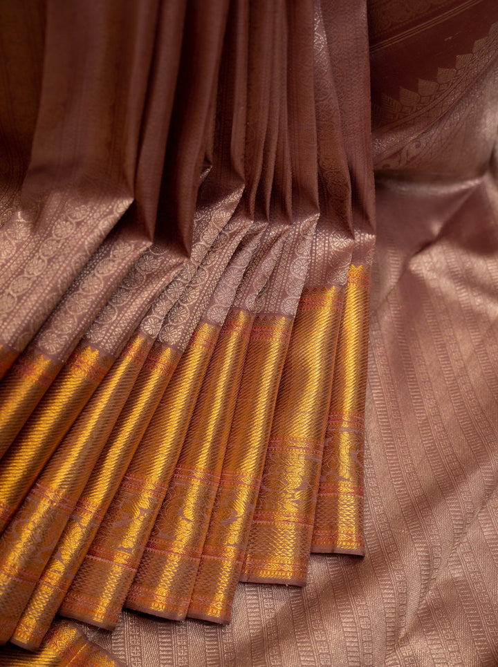 Mauve Pastel Brocade Zari Panel Pure Kanjivaram Silk Sari - Clio Silks