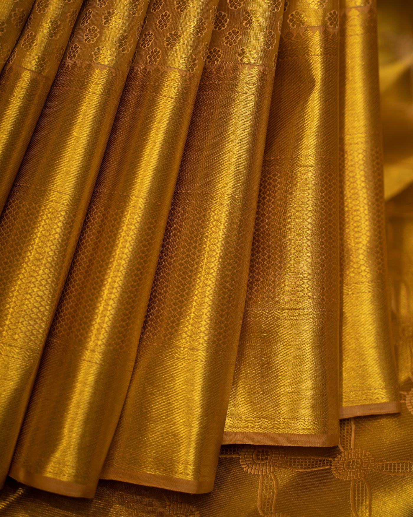 Sunset Golden Brocade Pure Kanjivaram Silk Sari - Clio Silks