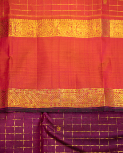 Jamun Zari checks and Peach Rettai Pettu Pure Kanjivaram Silk Sari - Clio Silks