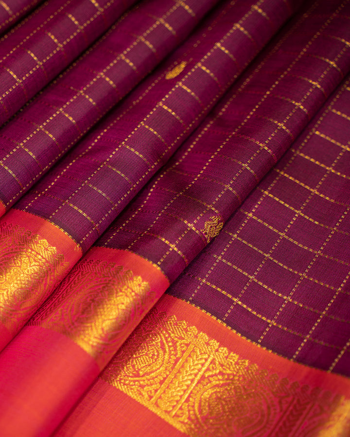 Jamun Zari checks and Peach Rettai Pettu Pure Kanjivaram Silk Sari - Clio Silks