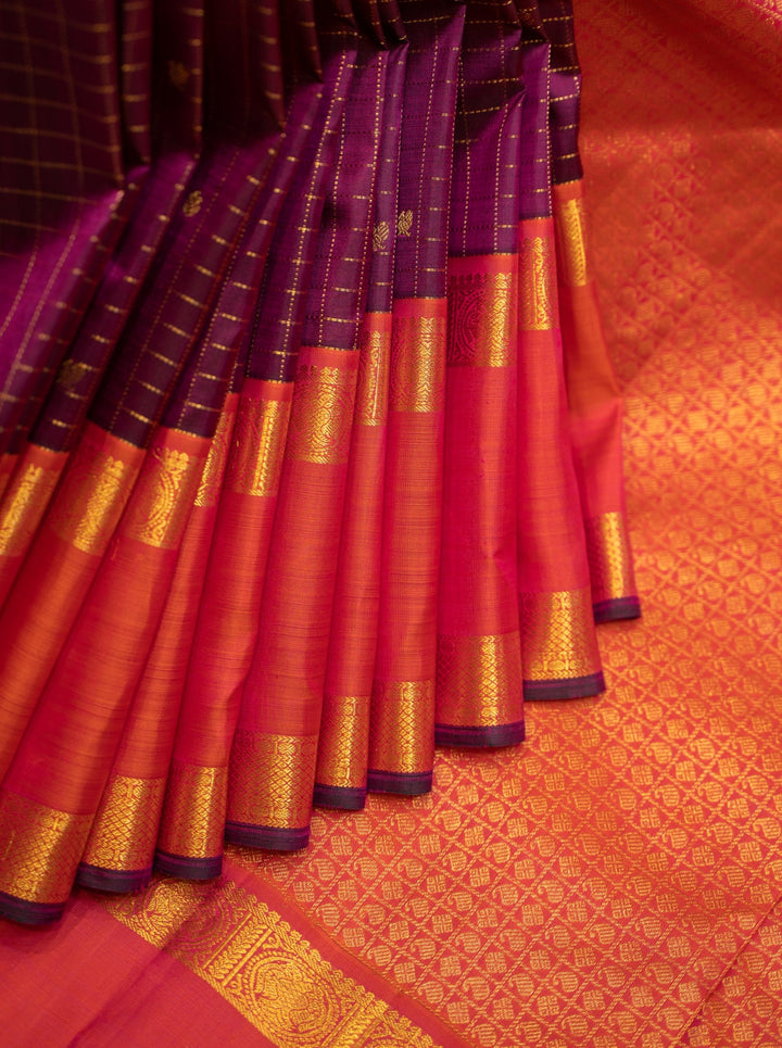 Jamun Zari checks and Peach Rettai Pettu Pure Kanjivaram Silk Sari - Clio Silks