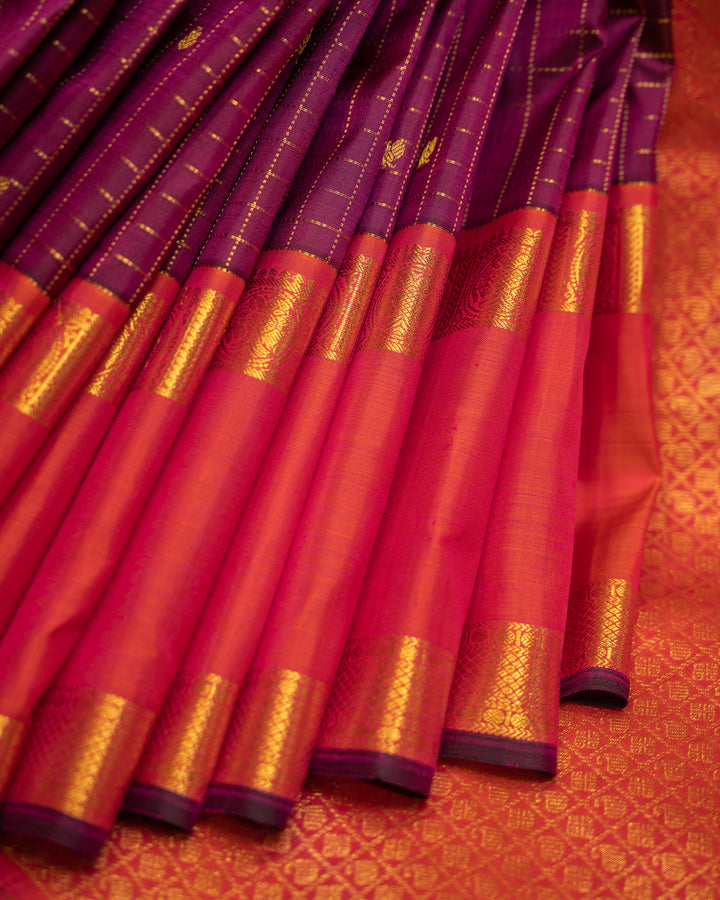 Jamun Zari checks and Peach Rettai Pettu Pure Kanjivaram Silk Sari - Clio Silks